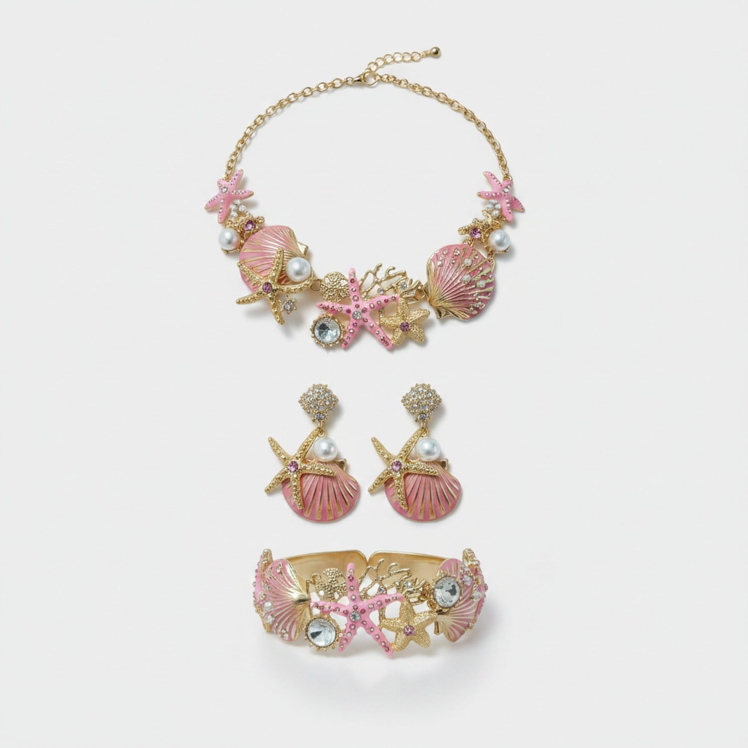 Pink Shell Starfish Pearl Jewelry Set With Bracelet