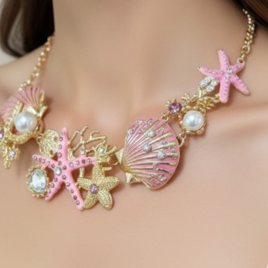 Pink Shell Starfish Pearl Jewelry Set With Bracelet