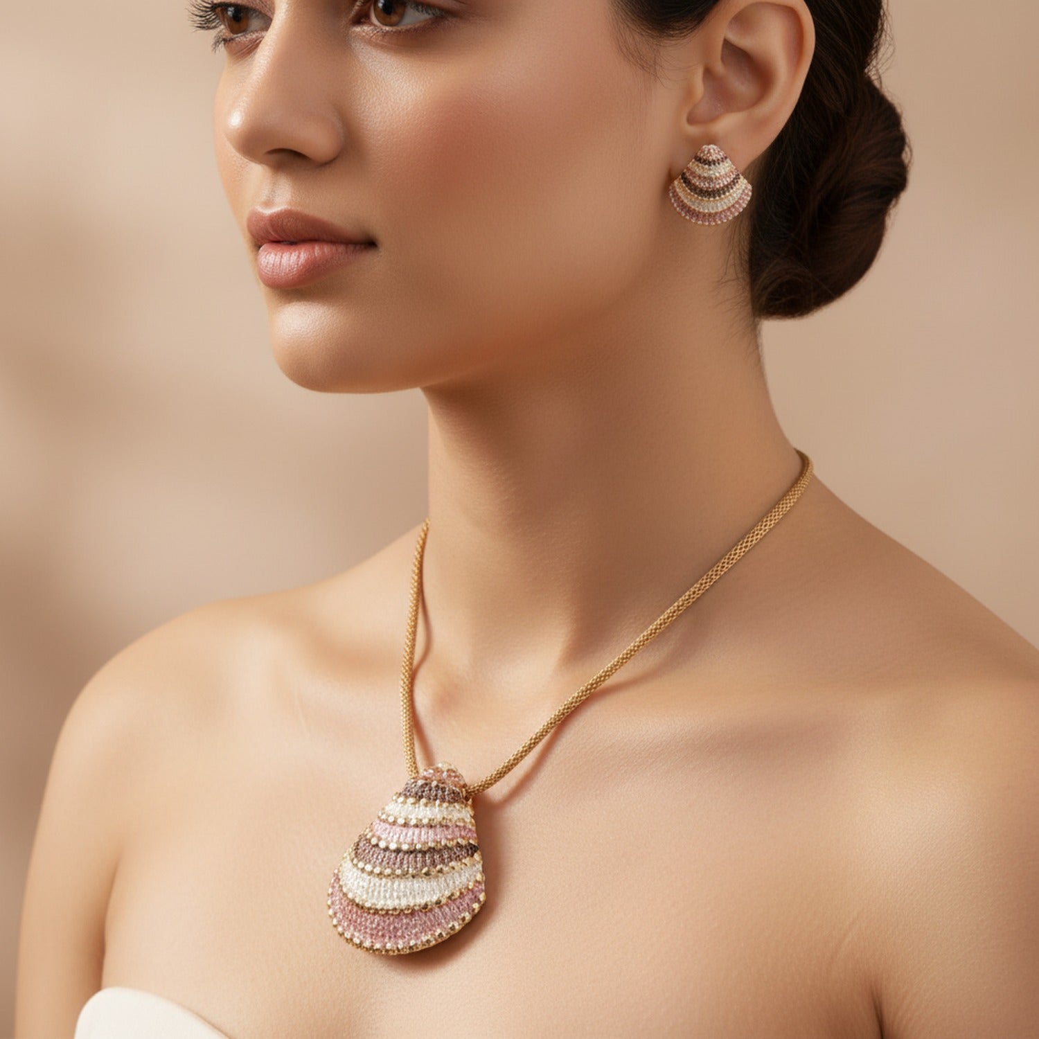Shell Beaded Necklace & Earring Set Pink Gold