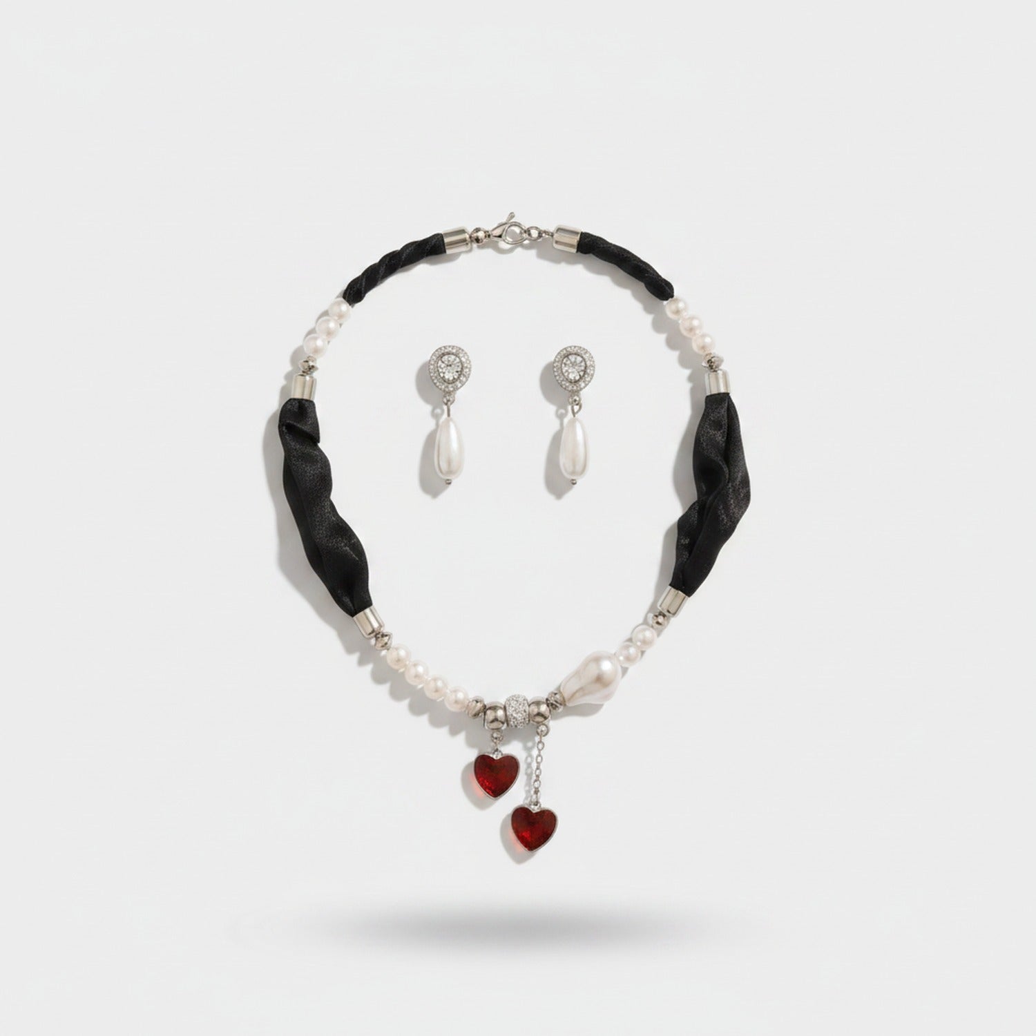 Pearl Heart Charm Necklace & Earring Set