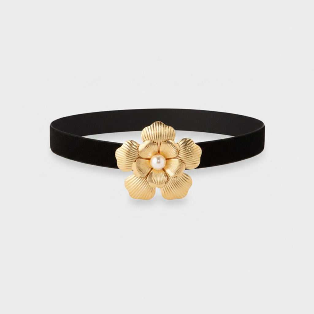 Black Velvet Belt With Gold Pearl Flower Buckle