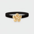 Black Velvet Belt With Gold Pearl Flower Buckle