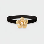 Black Velvet Belt With Gold Pearl Flower Buckle