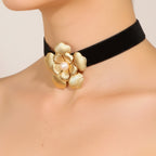 Black Velvet Belt With Gold Pearl Flower Buckle