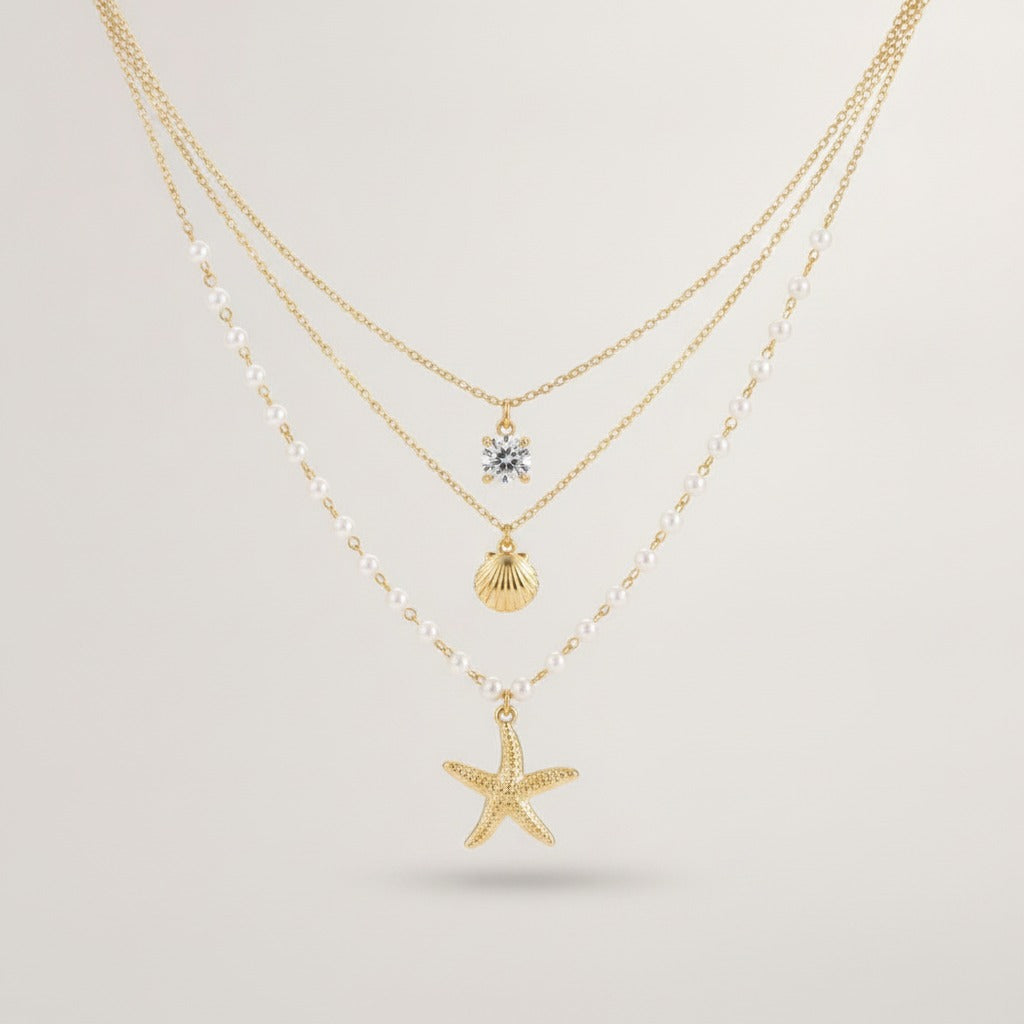 Triple Layered Pearl Beach Charm Necklace – jewelry (view 1)