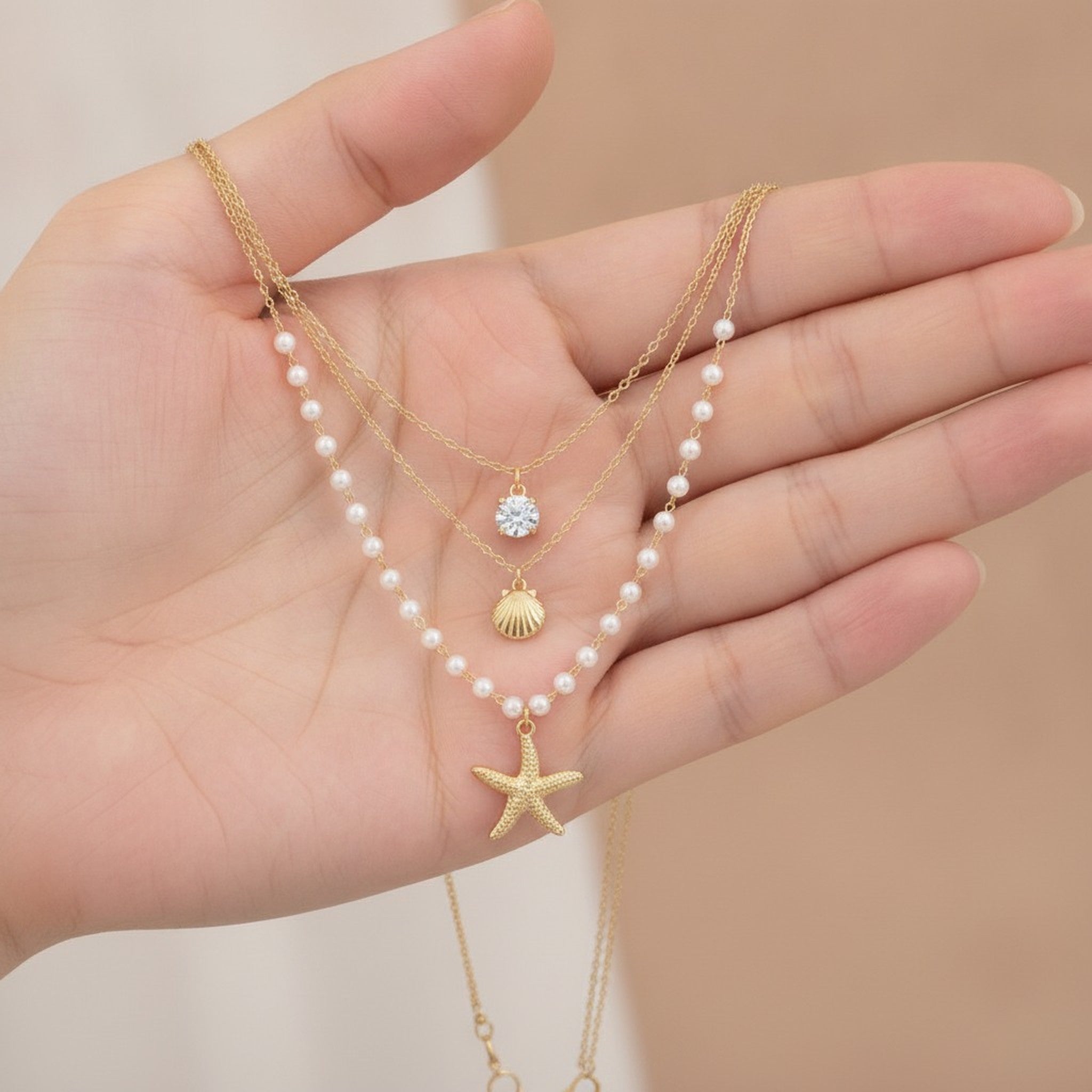 Triple Layered Pearl Beach Charm Necklace – jewelry (view 3)