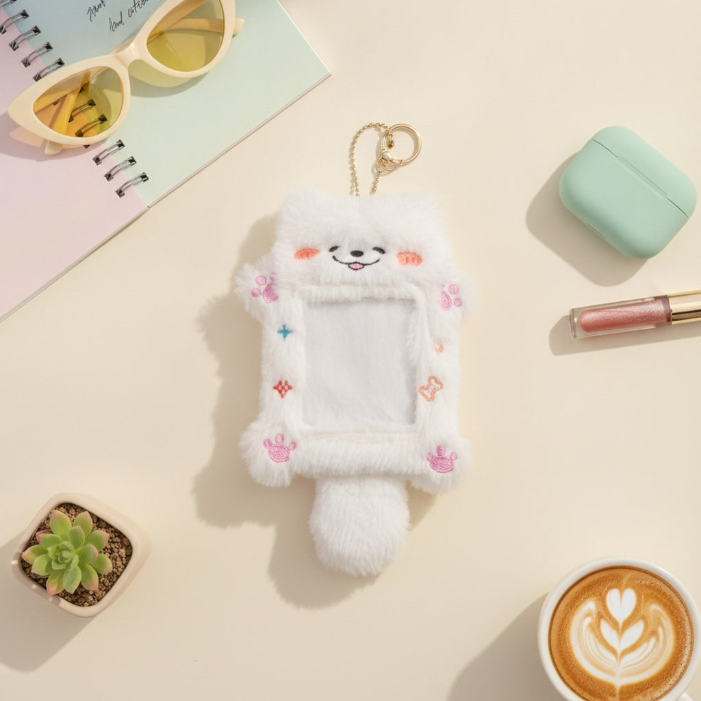 Fluffy White Dog Plushie Photocard Holder Keychain – tech (view 2)