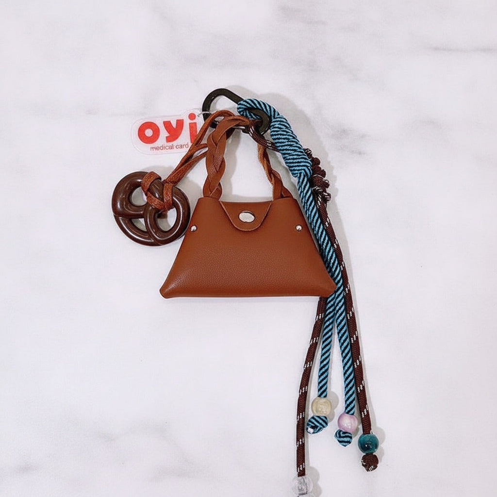 Mini Bag Keychain with Braided Rope - Brown Bag