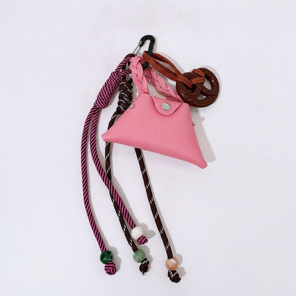 Black Mini Bag Keychain with Braided Rope - Pink Bag