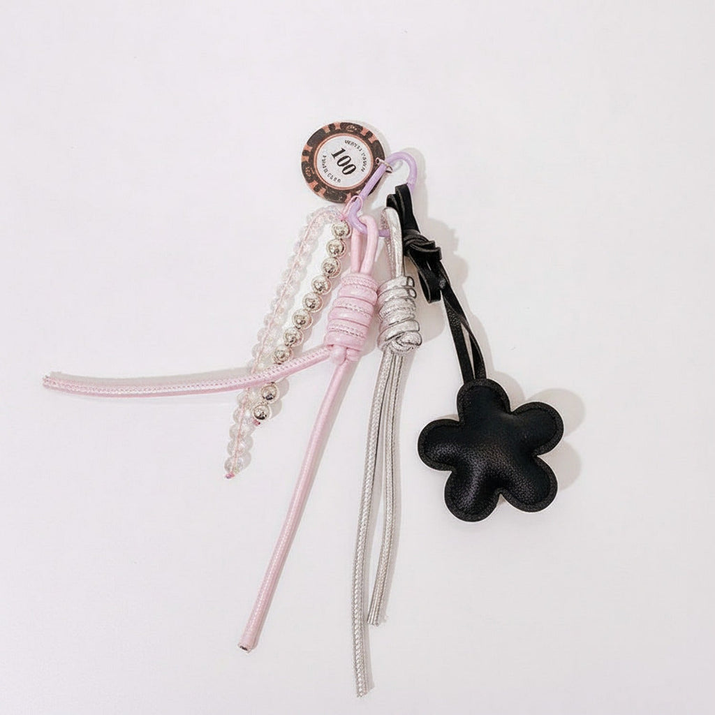 Flower Acrylic Keyring With Beaded Charm - Black Flower #2