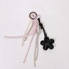 Flower Acrylic Keyring With Beaded Charm - Black Flower #2