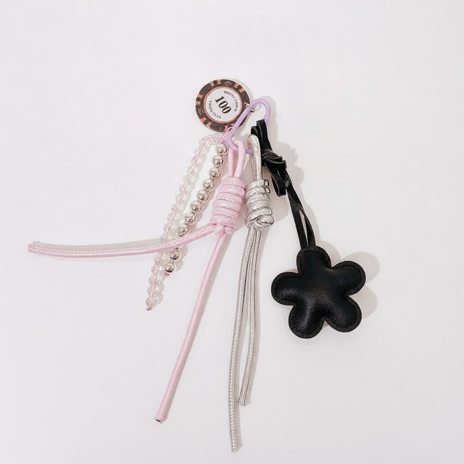 Flower Acrylic Keyring With Beaded Charm - Black Flower #2