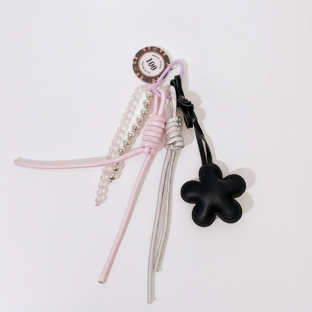 Flower Acrylic Keyring With Beaded Charm - Black Flower #2