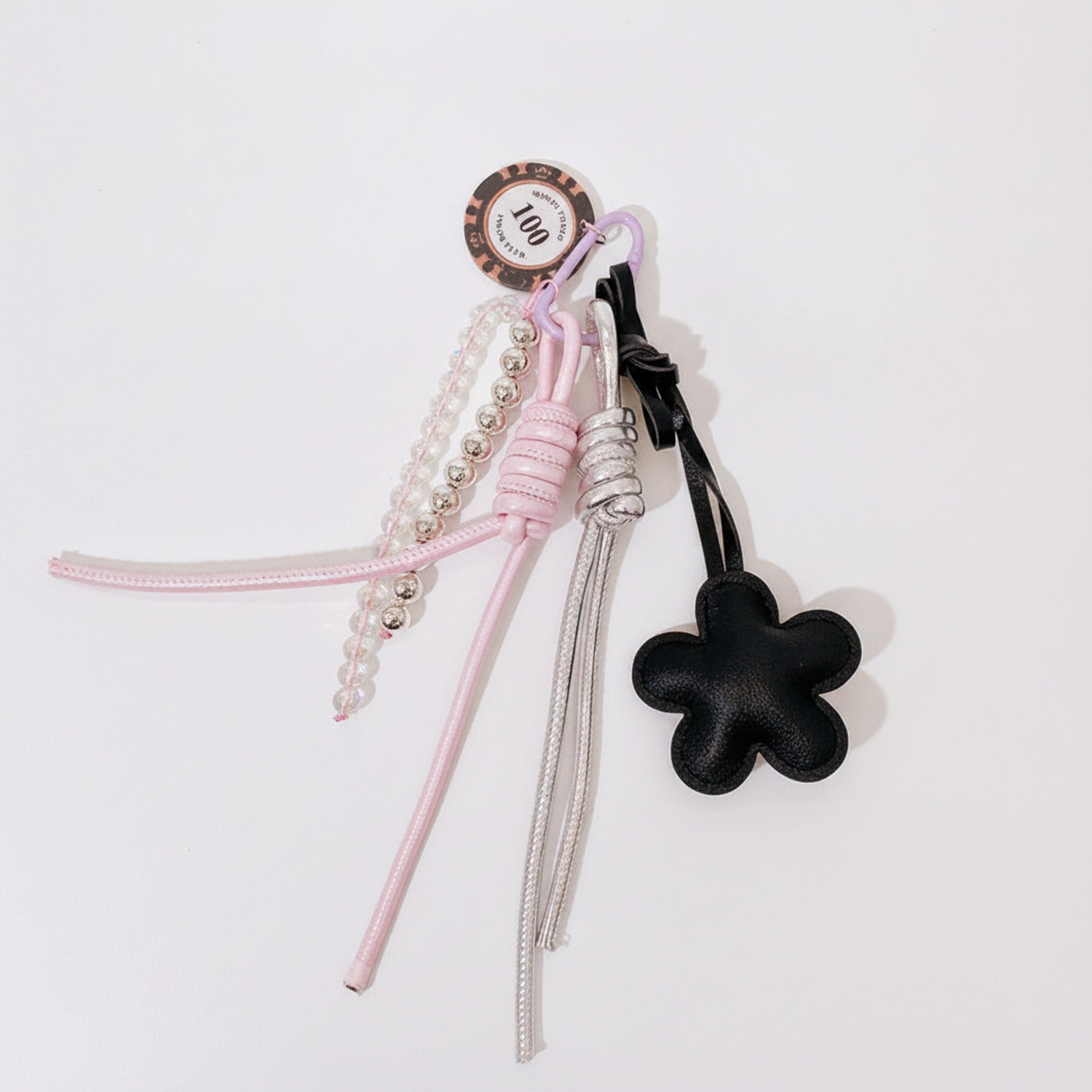 Flower Acrylic Keyring With Beaded Charm - Black Flower #2