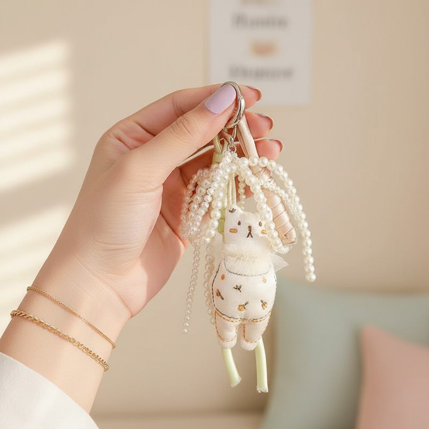 Pearl Beaded Cute Bunny Acrylic Keyring
