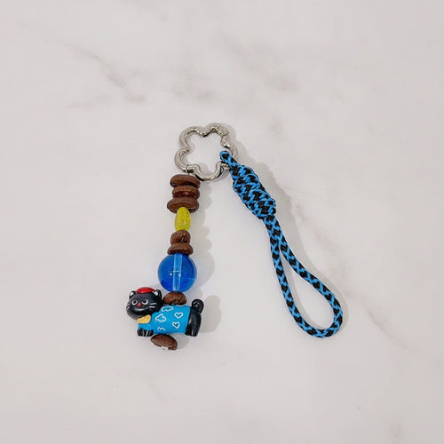 Acrylic Keyring With Beaded Charm And Woven Strap - Blue Kitty #2