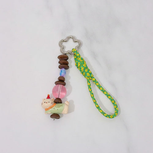 Acrylic Keyring With Beaded Charm And Woven Strap - Green Kitty