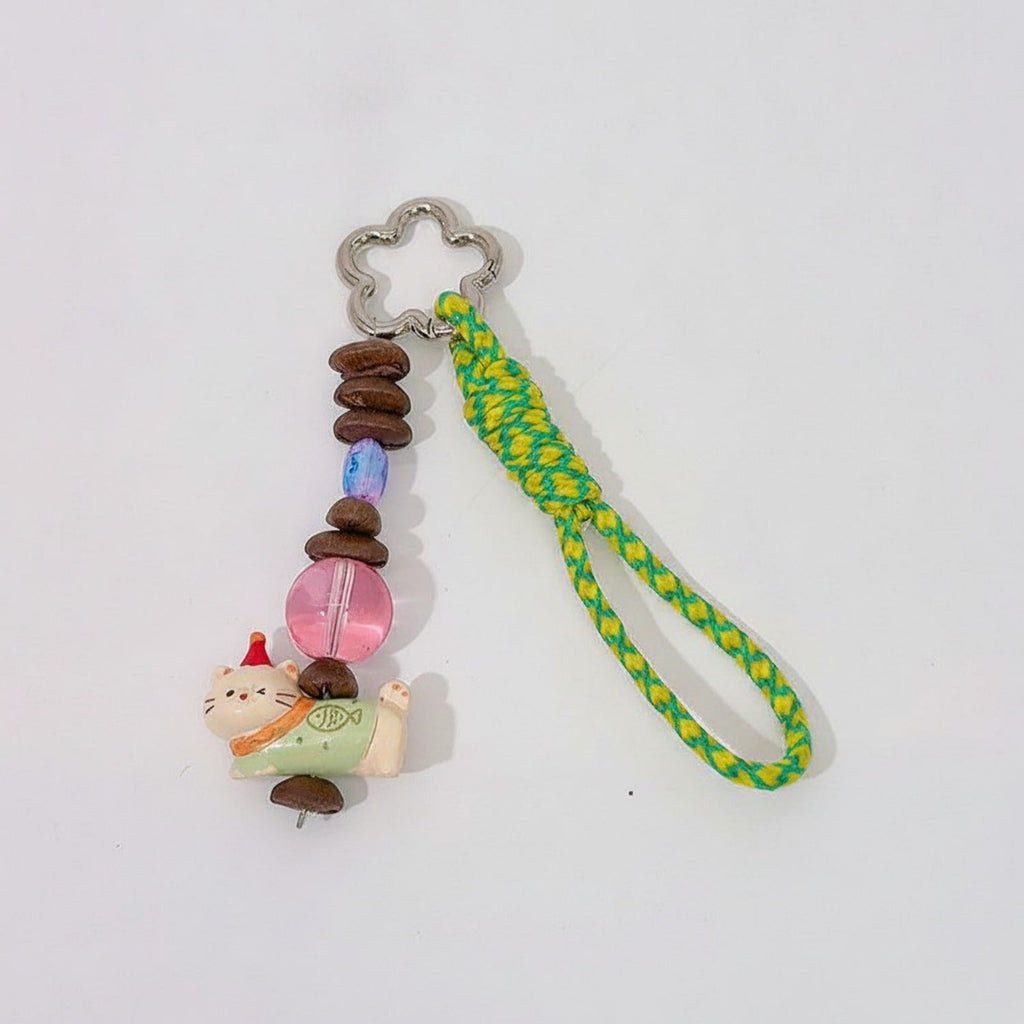 Acrylic Keyring With Beaded Charm And Woven Strap - Green Kitty – novelty & toys (view 1)