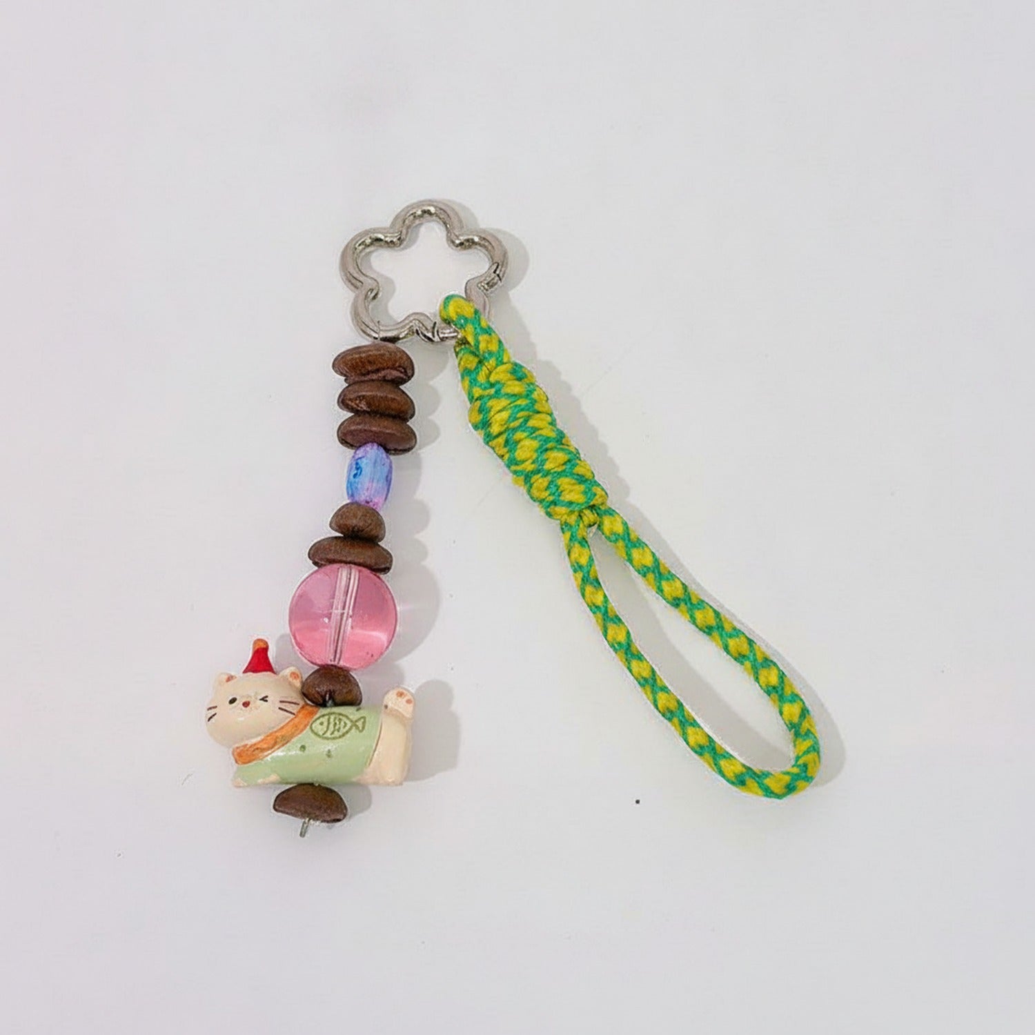 Acrylic Keyring With Beaded Charm And Woven Strap - Green Kitty – novelty & toys (view 1)