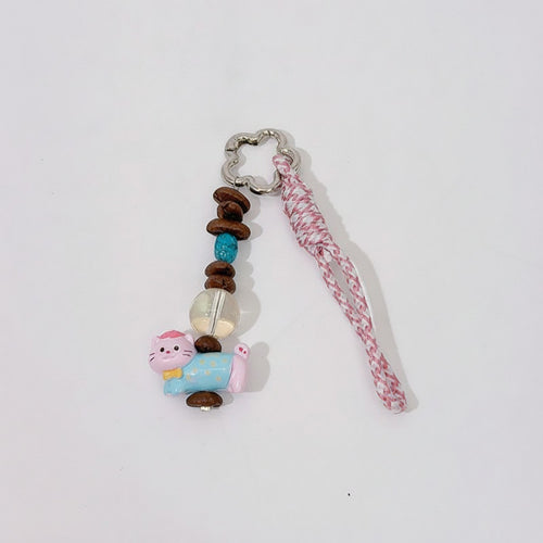Acrylic Keyring With Beaded Charm And Woven Strap - Pink Kitty