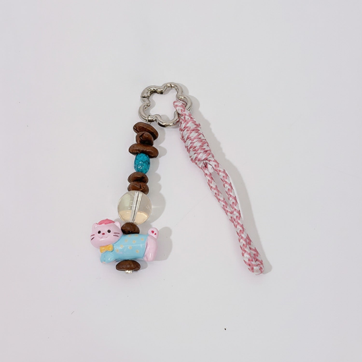 Acrylic Keyring With Beaded Charm And Woven Strap - Pink Kitty