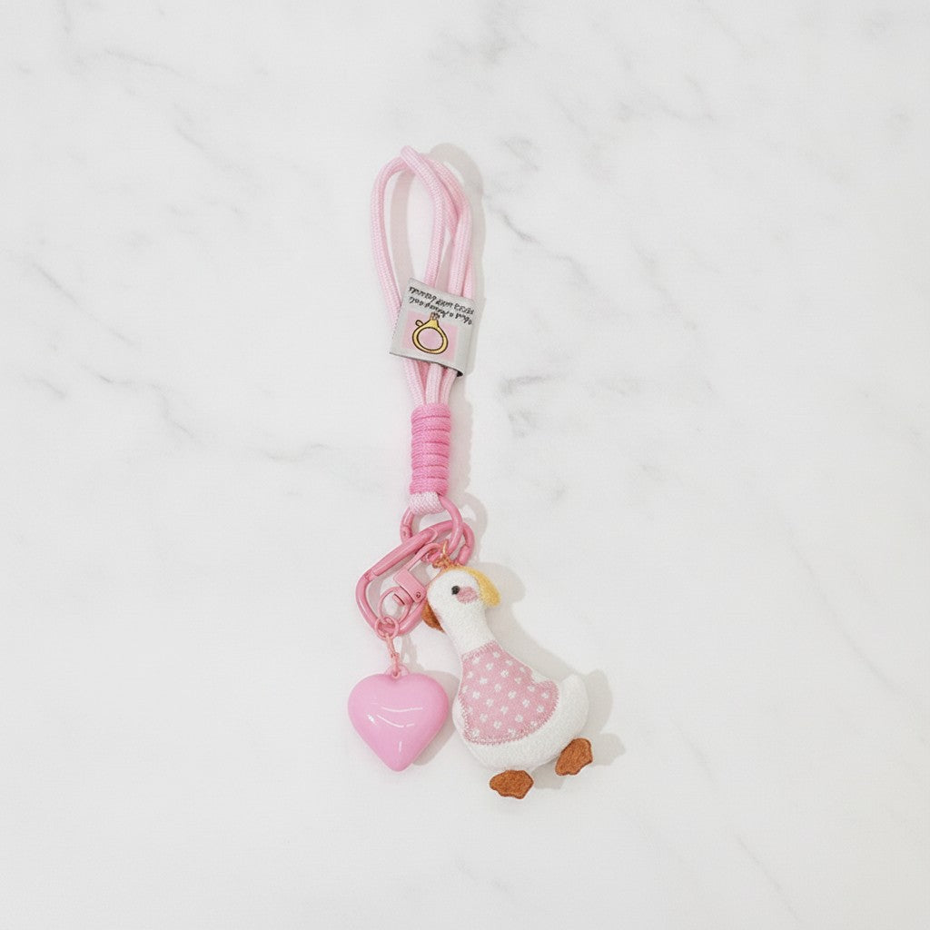 Pink Beaded Duck Charm Acrylic Keyring Heart