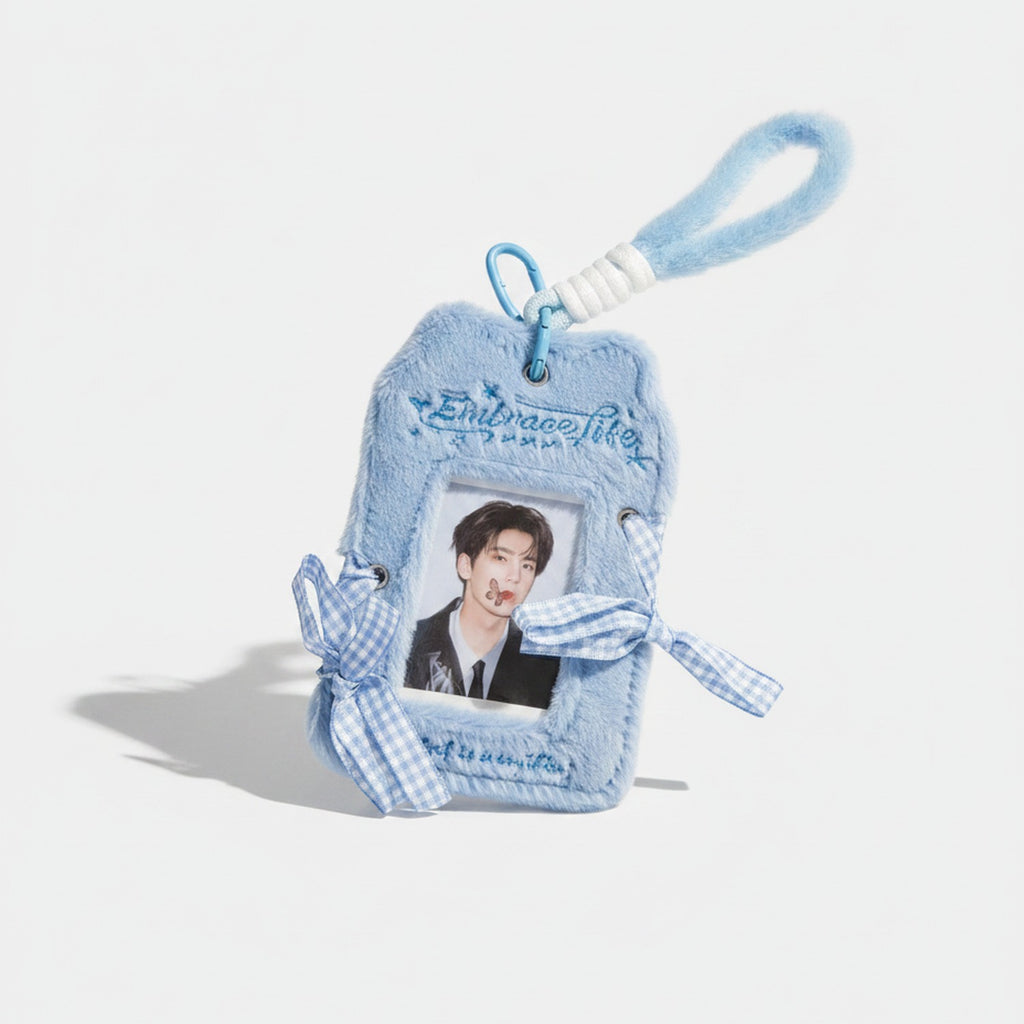 Fuzzy Photo Frame Keychain with Ribbons - Blue Plush Card Holder with Ribbon – tech (view 1)
