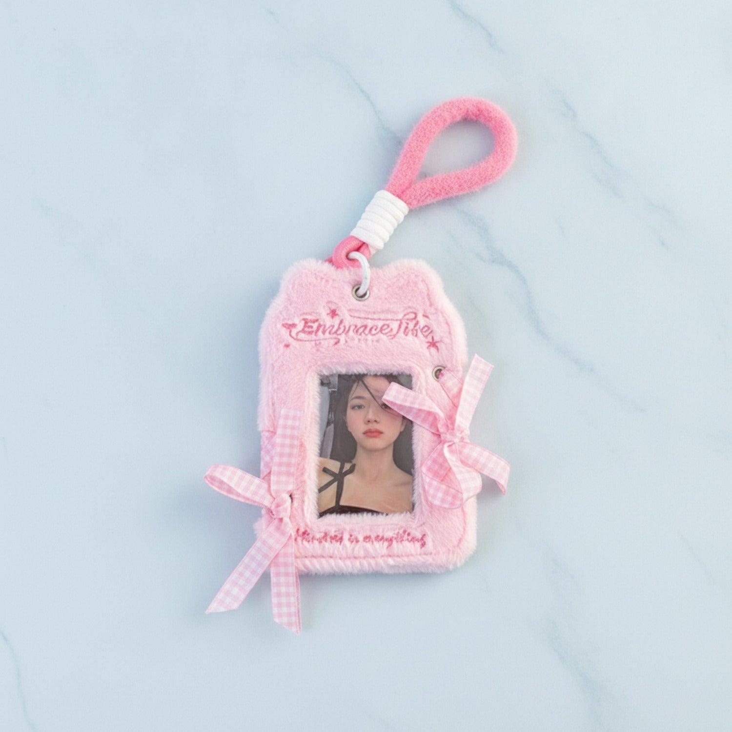 Fuzzy Photo Frame Keychain with Ribbons - Pink Fuzzy Card Holder with Ribbon – tech (view 2)
