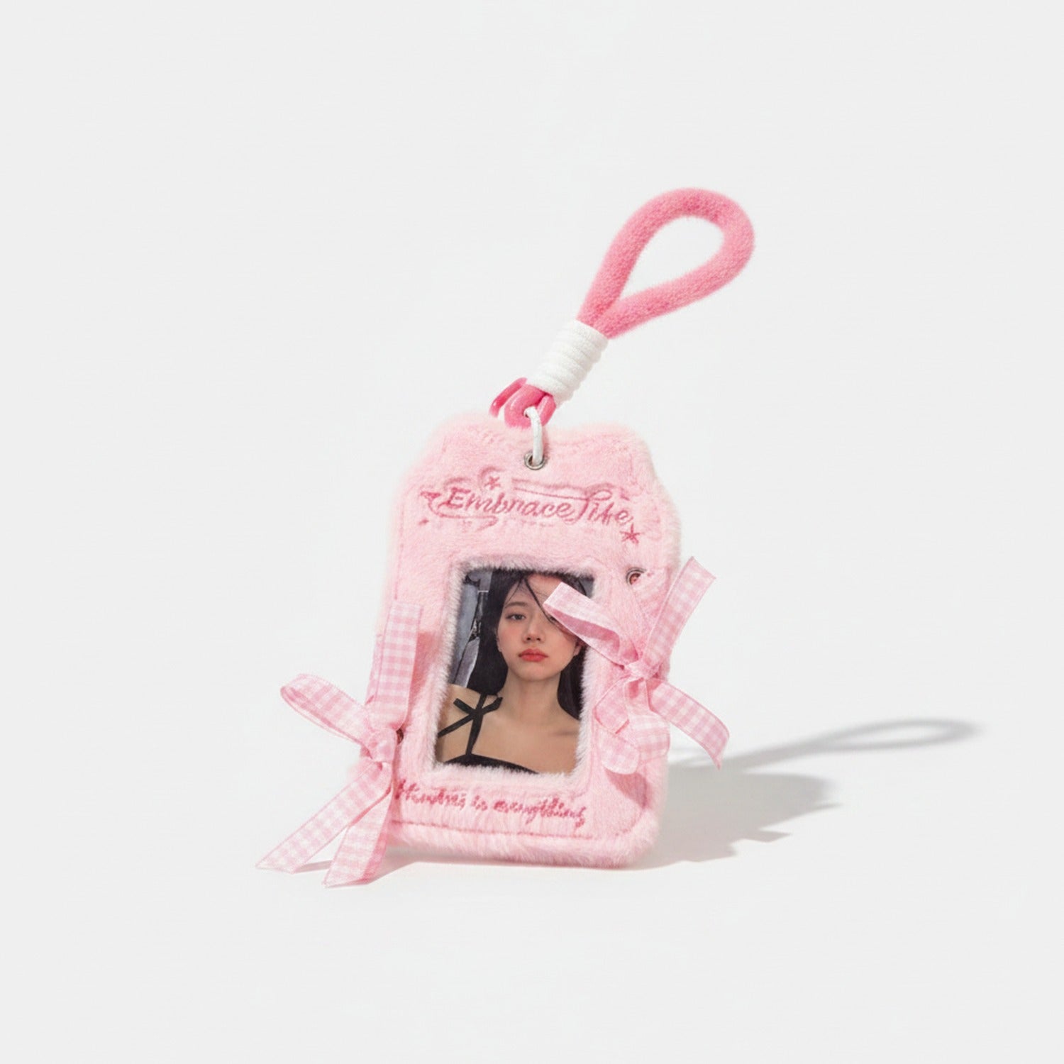 Fuzzy Photo Frame Keychain with Ribbons - Pink Fuzzy Card Holder with Ribbon – tech (view 1)