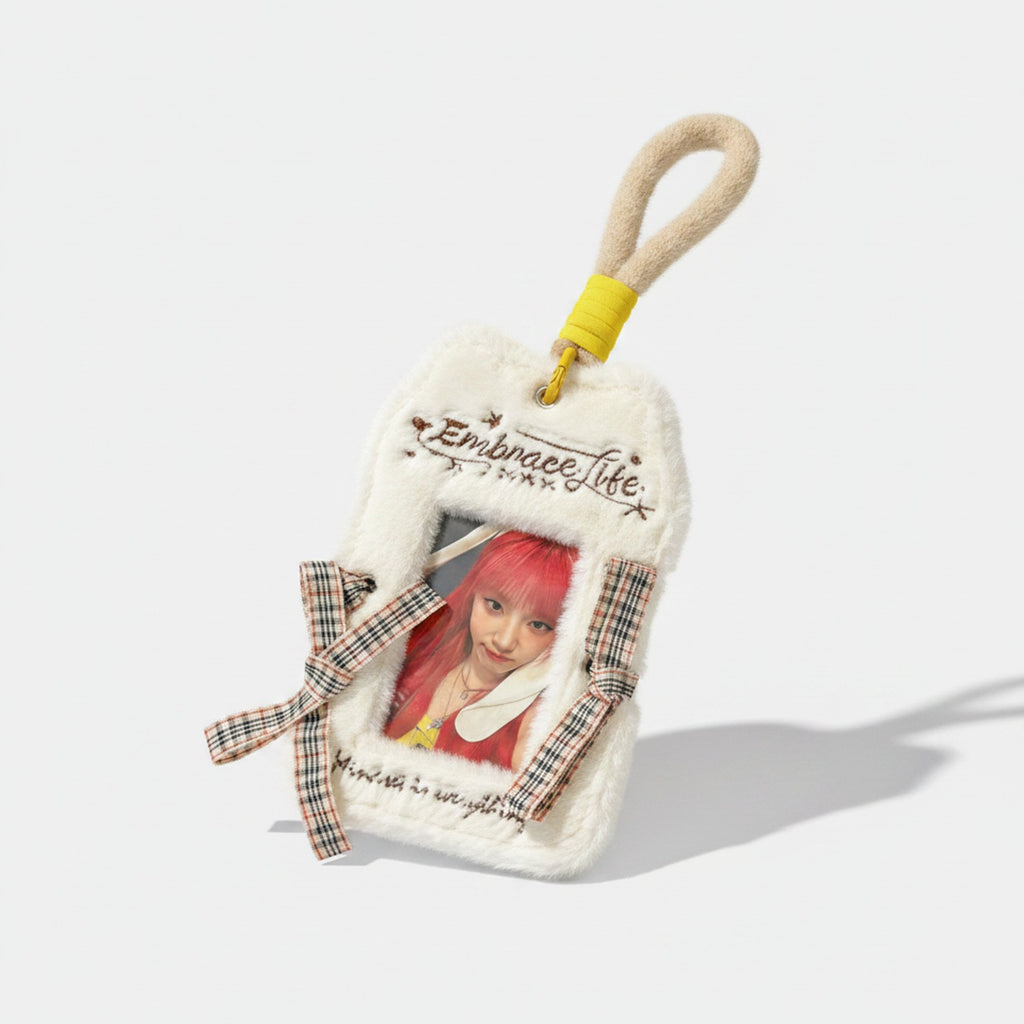 Fuzzy Photo Frame Keychain with Ribbons - White Fuzzy Card Holder with Ribbon – tech (view 1)