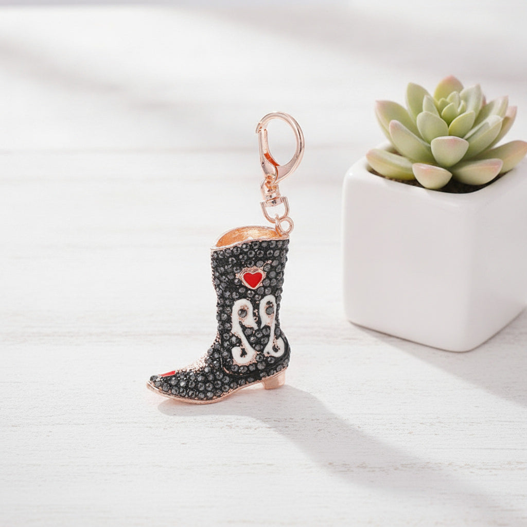 Diamond-encrusted high boot metal keychain - Black – novelty & toys (view 2)