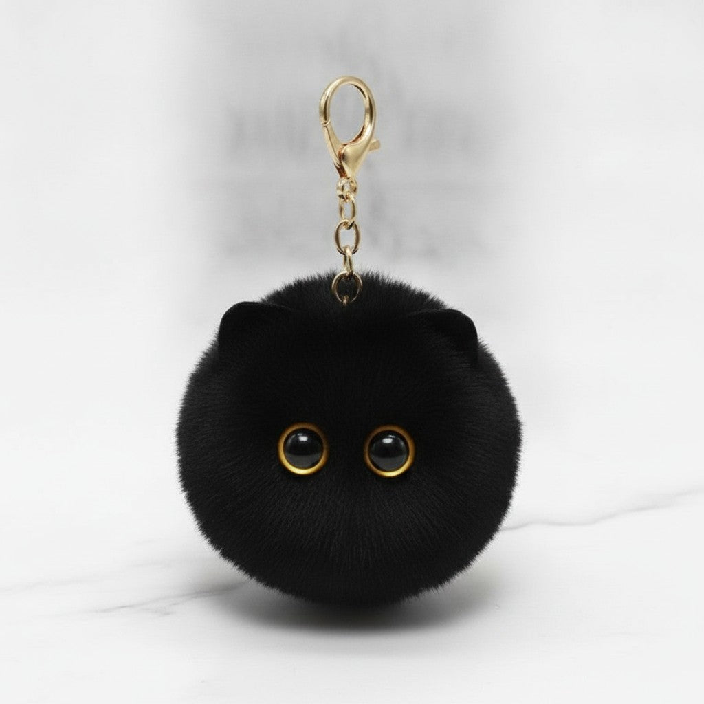 Fluffy Kawaii Cat Keychain - Black Cat Ball Charm