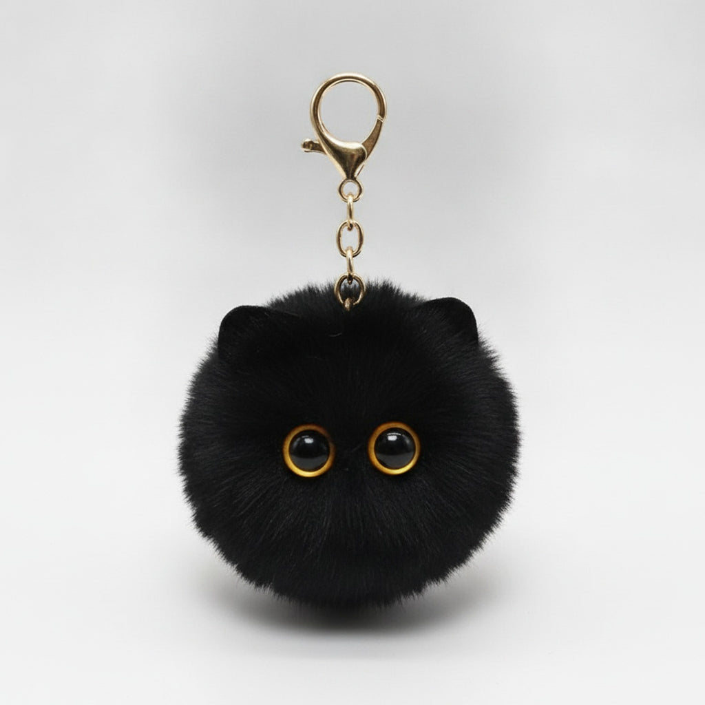 Fluffy Kawaii Cat Keychain - Black Cat Ball Charm