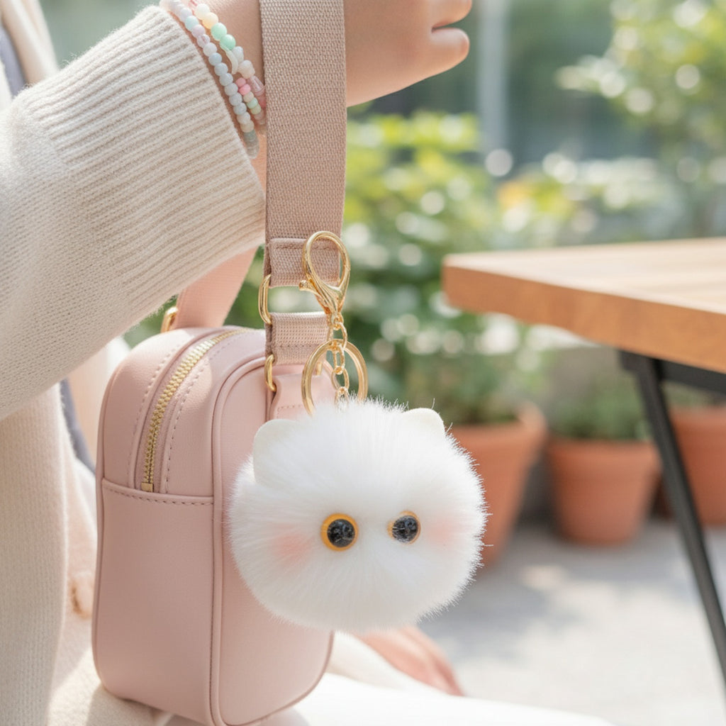 Fluffy Kawaii Cat Keychain - White Cat Ball Charm – novelty & toys (view 3)