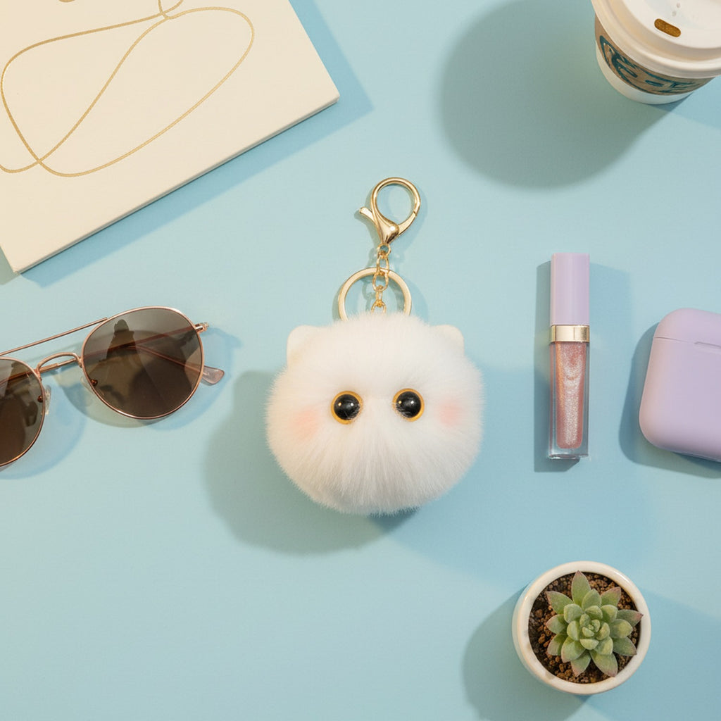 Fluffy Kawaii Cat Keychain - White Cat Ball Charm – novelty & toys (view 4)