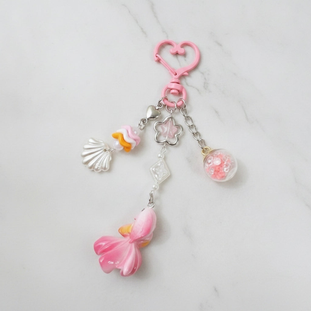 Ocean Fantasy Keychain with Shell & Star Charms - Glass Ball Fish Charm 25B51
