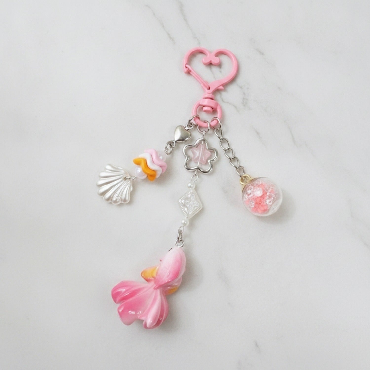Ocean Fantasy Keychain with Shell & Star Charms - Glass Ball Fish Charm 25B51
