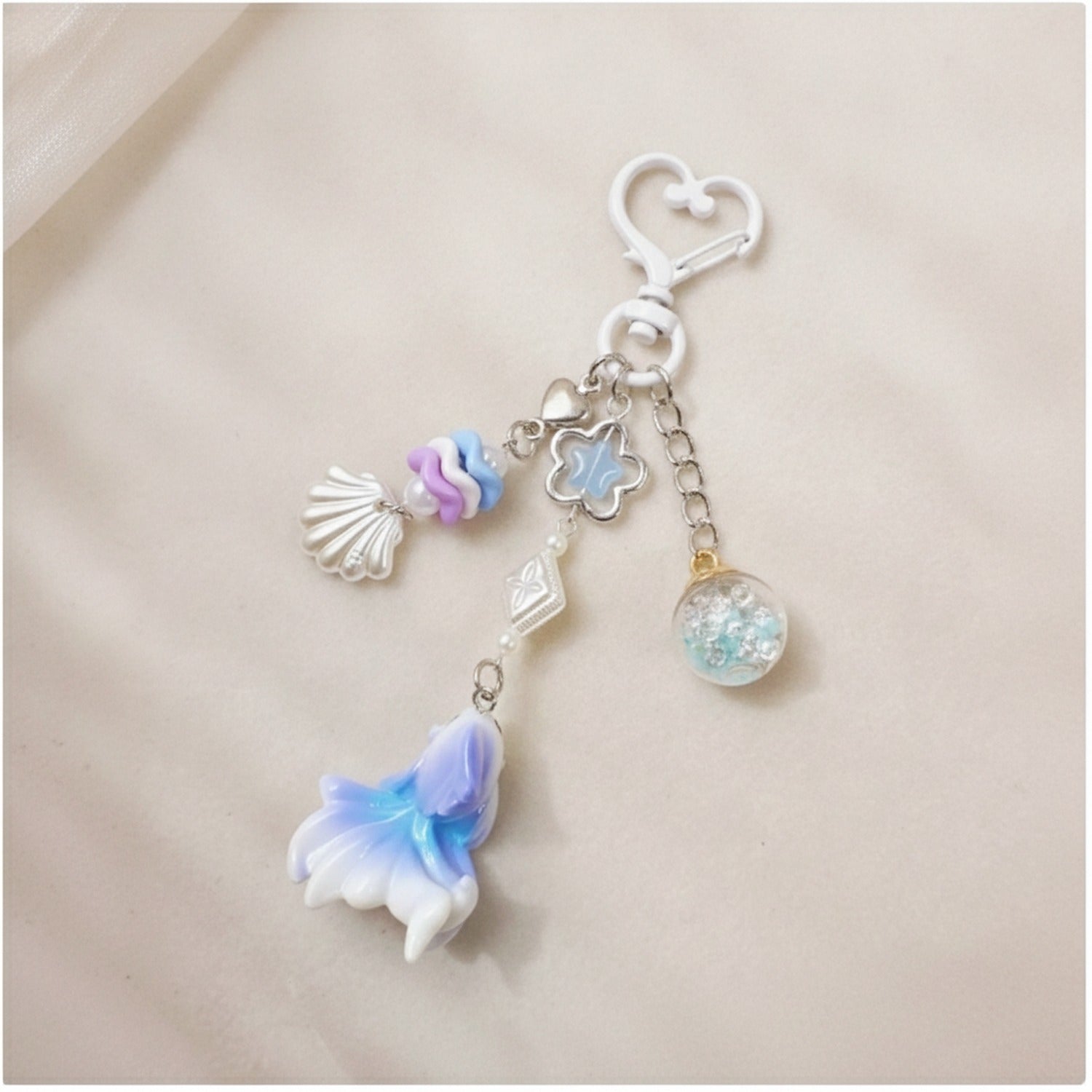 Ocean Fantasy Keychain with Shell & Star Charms - 25B51 Glass Ball Rainbow Fish Blue Purple