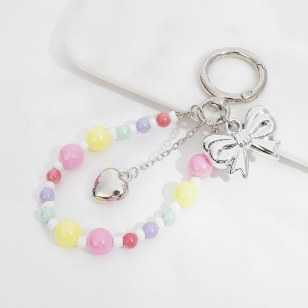 Beaded Bow Heart Charm Keyring - YSK55 – novelty & toys (view 3)