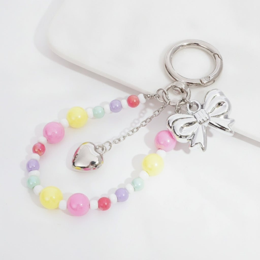 Beaded Bow Heart Charm Keyring - YSK55 – novelty & toys (view 1)