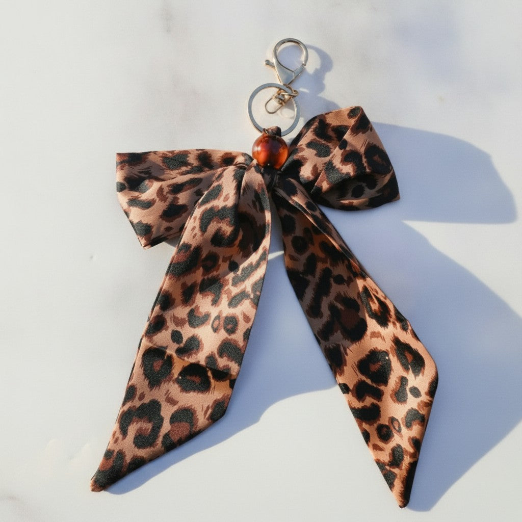 Leopard Print Acrylic Keyring With Bow Charm - Yellow Leopard Print