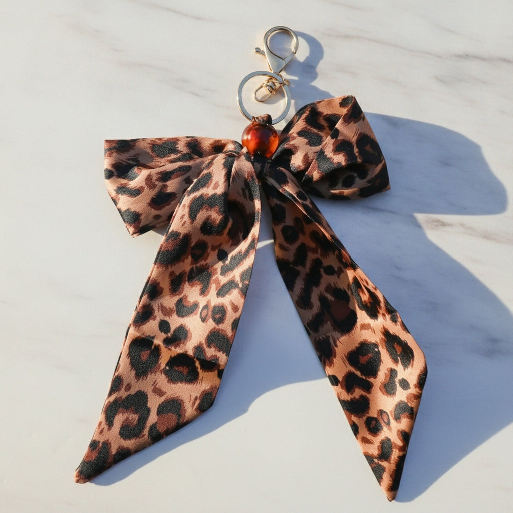 Leopard Print Acrylic Keyring With Bow Charm - Yellow Leopard Print