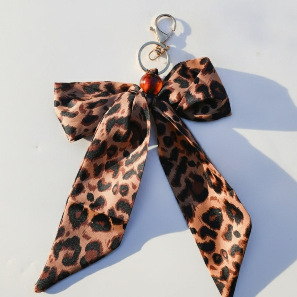 Leopard Print Acrylic Keyring With Bow Charm - Yellow Leopard Print