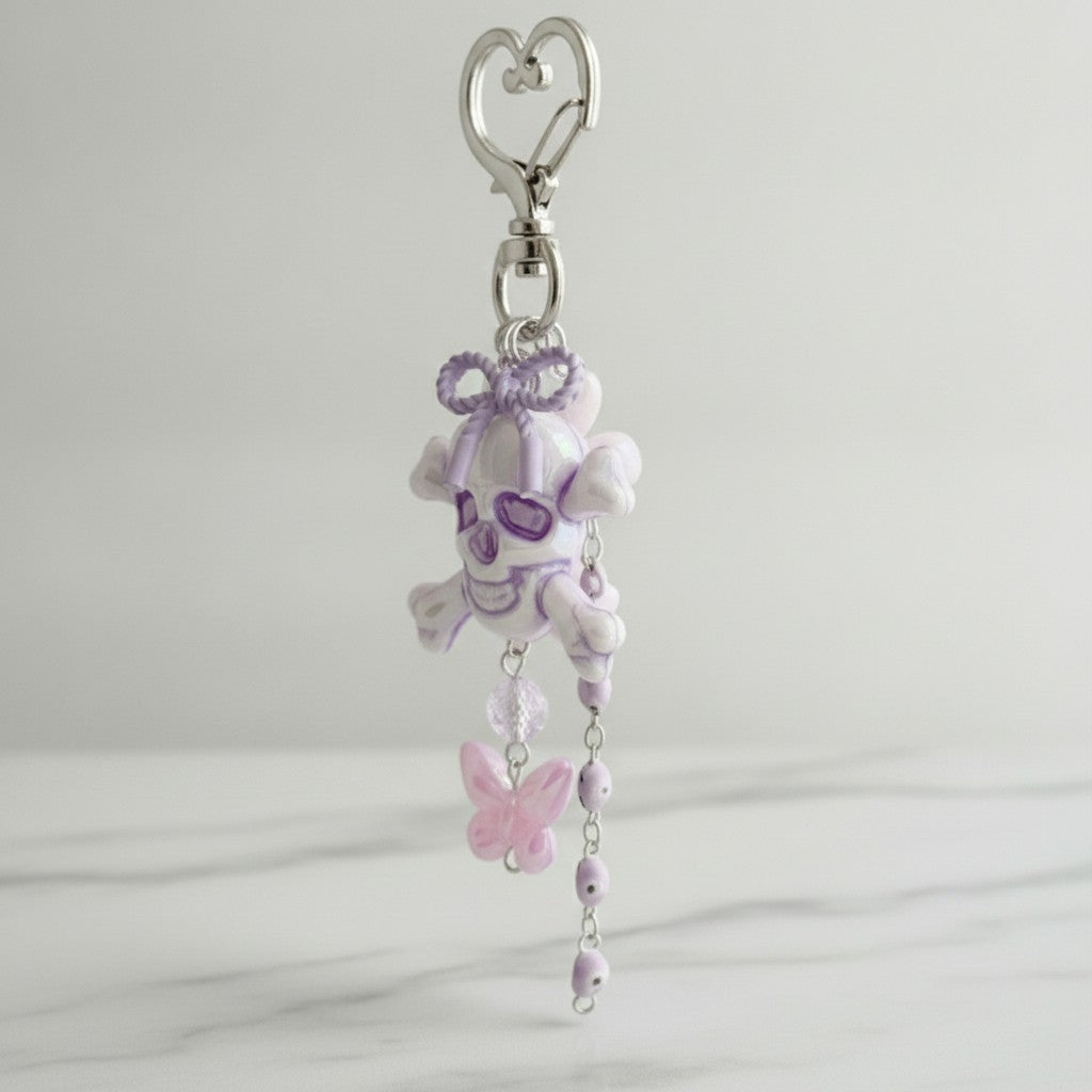 Purple Skull Acrylic Keyring With Butterfly Charm