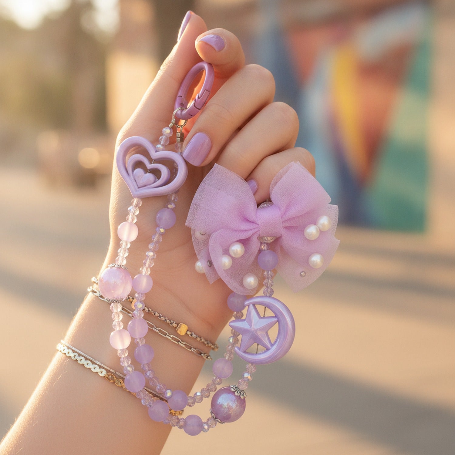 Purple Acrylic Keyring With Beaded Chain And Bow Charm