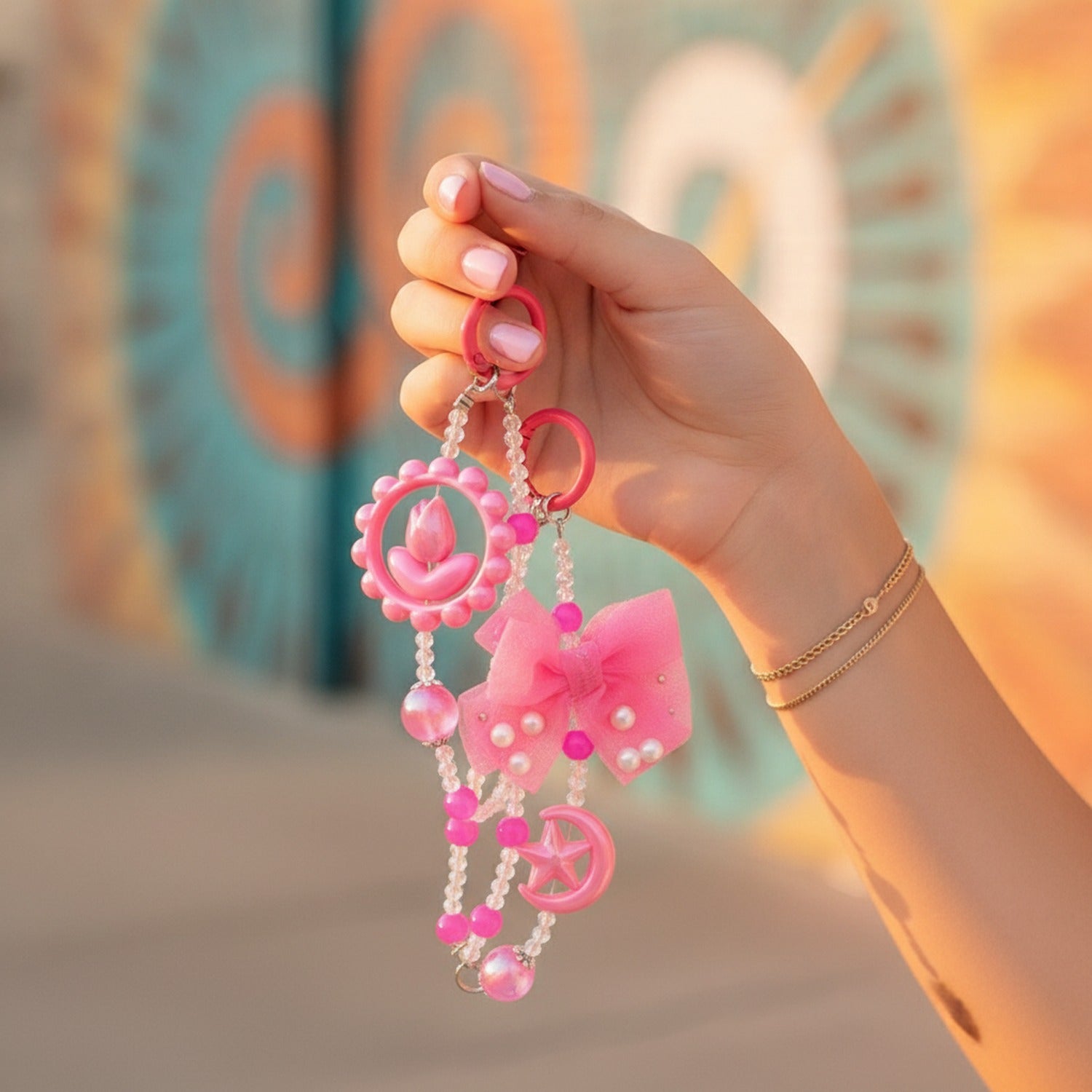 Pink Beaded Acrylic Keyring With Bow Charm