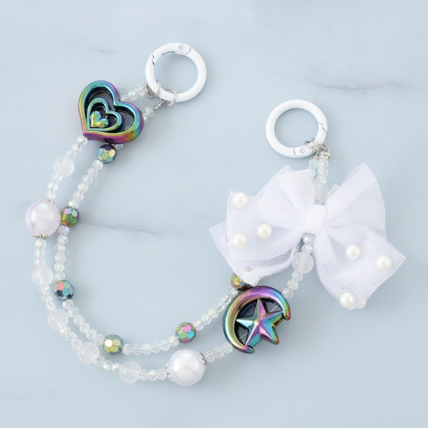 Iridescent Heart & Star Beaded Pearl Keychain
