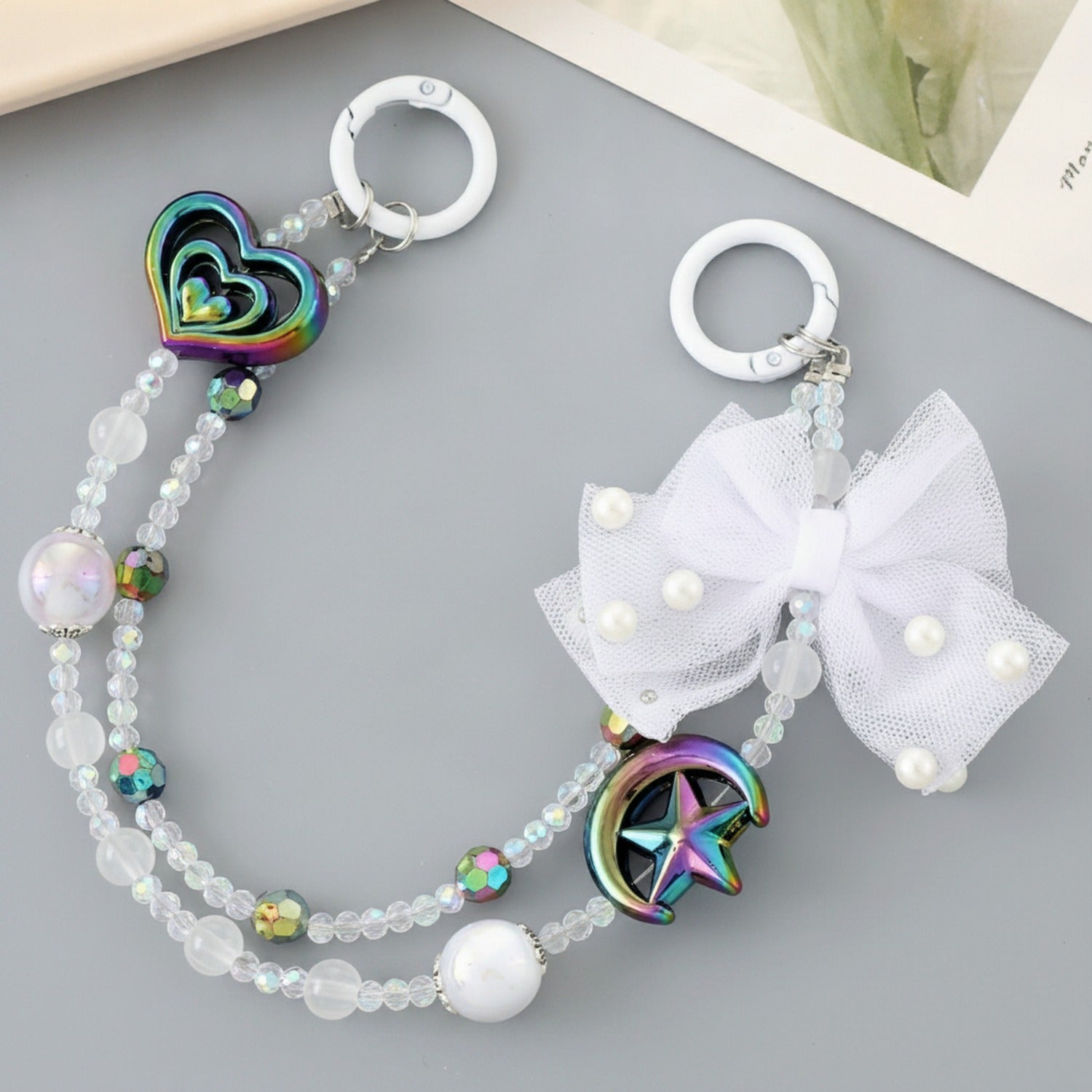 Iridescent Heart & Star Beaded Pearl Keychain