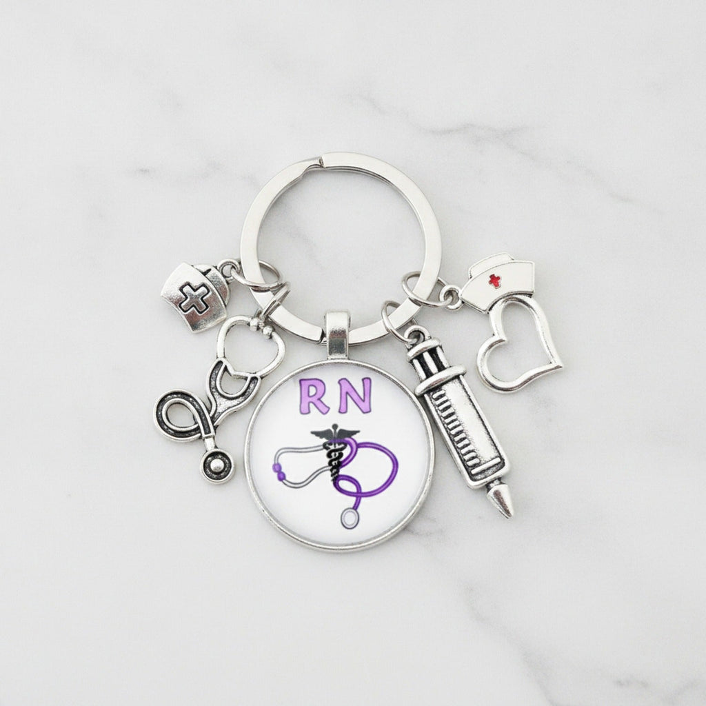 Medical Charm Heart Acrylic Keyring - Purple RN Nurse