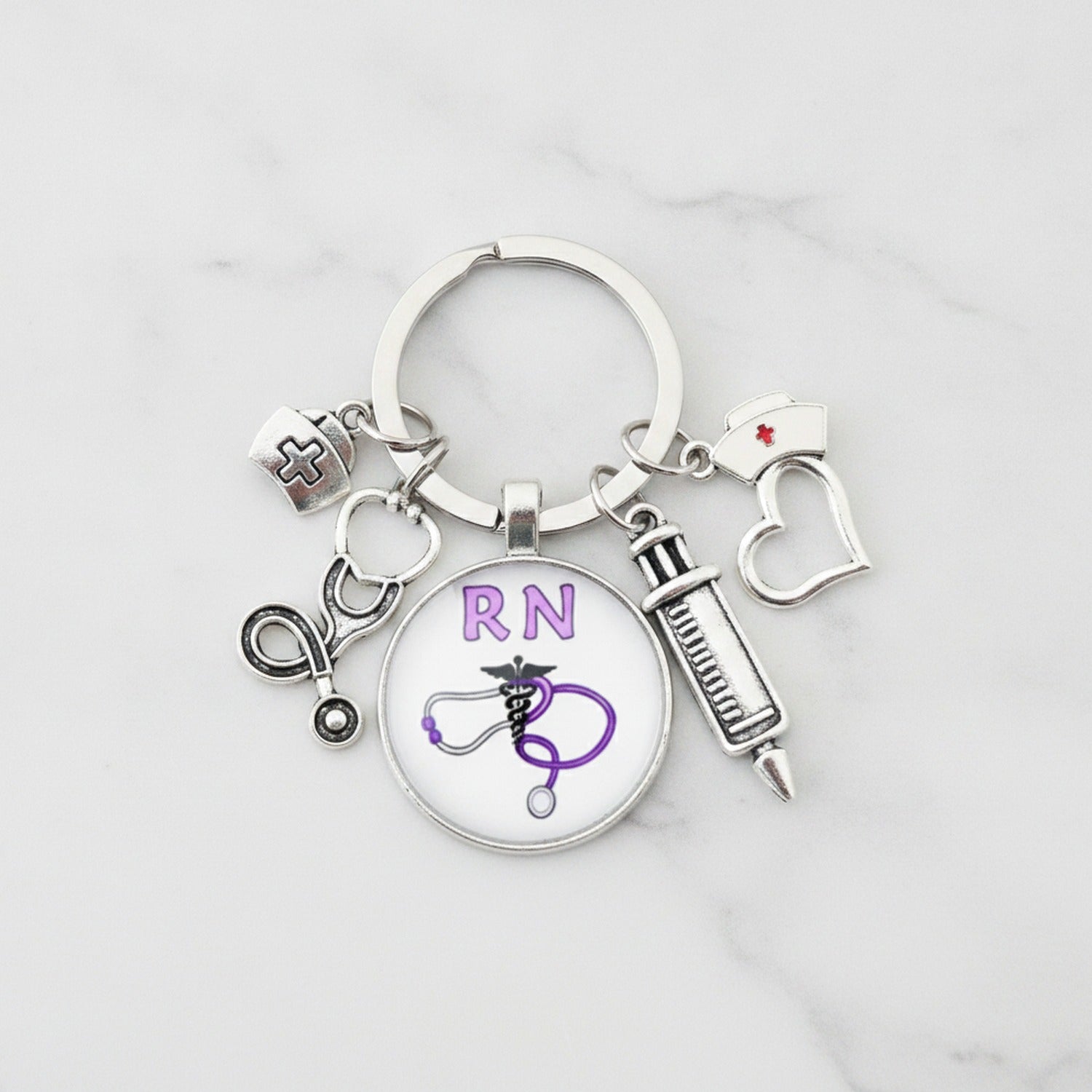 Medical Charm Heart Acrylic Keyring - Purple RN Nurse
